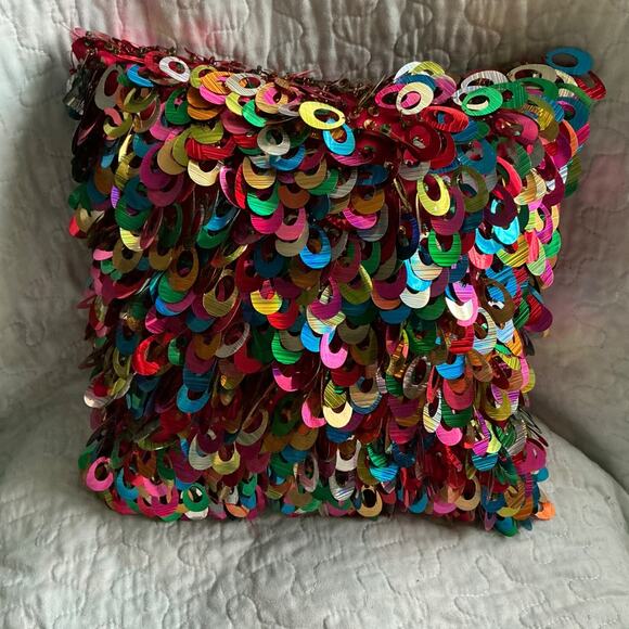 Square Throw Pillow Bright Color Metallic Scales, Red Silk On The Other Side - Picture 7 of 7